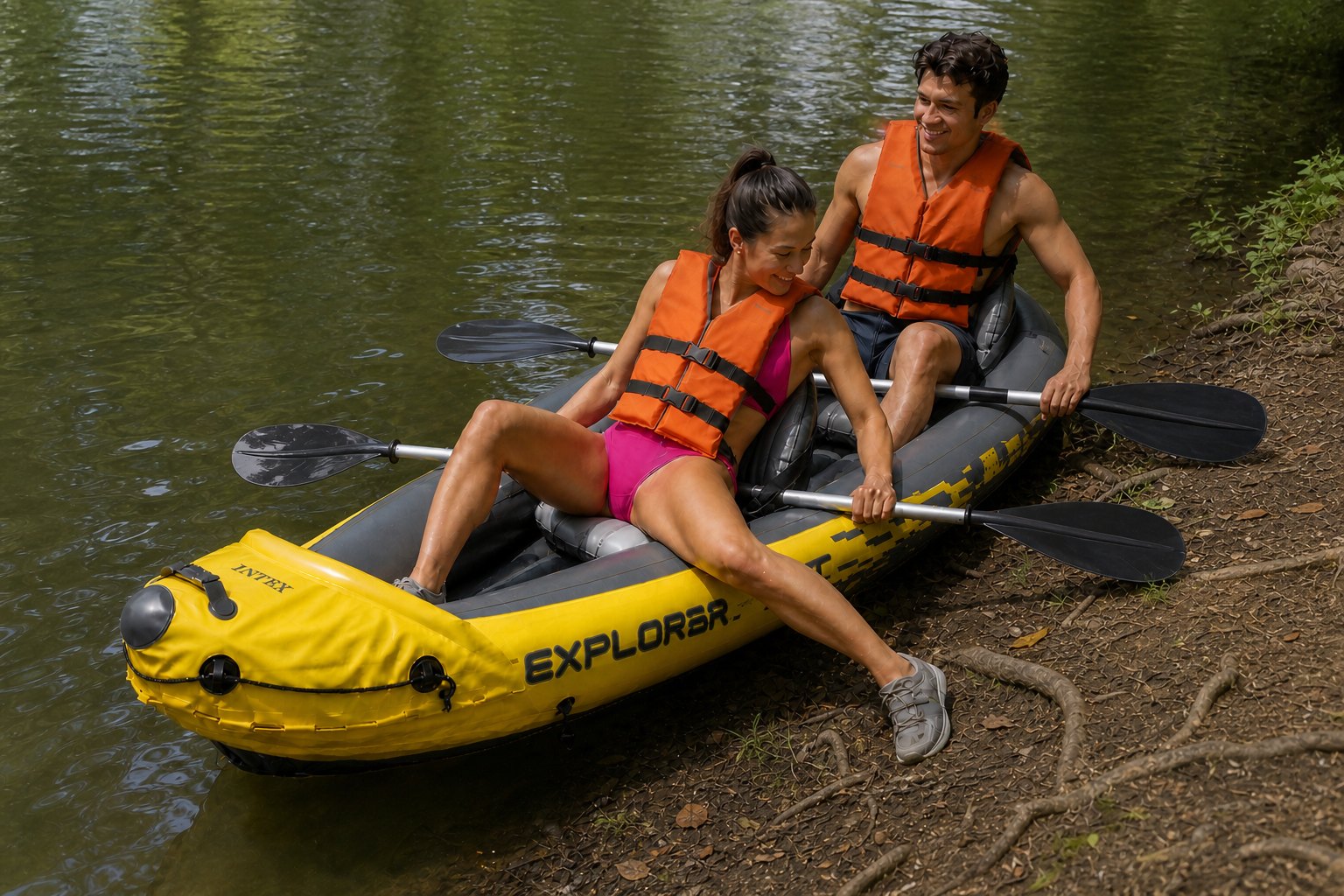 Deux kayakistes à la halte, kayak parallèle à la rive